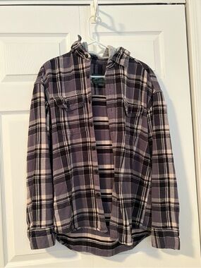 American Eagle Outfitters Blue & Black Plaid Button-Down Jacket with Hood